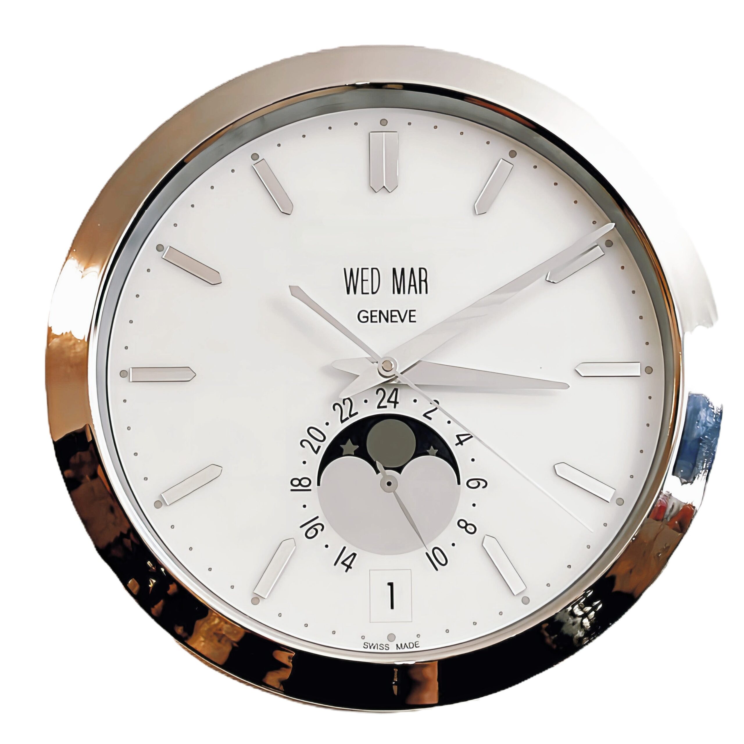 Patek Philippe style moon phase wall clock with perpetual calendar-inspired dial