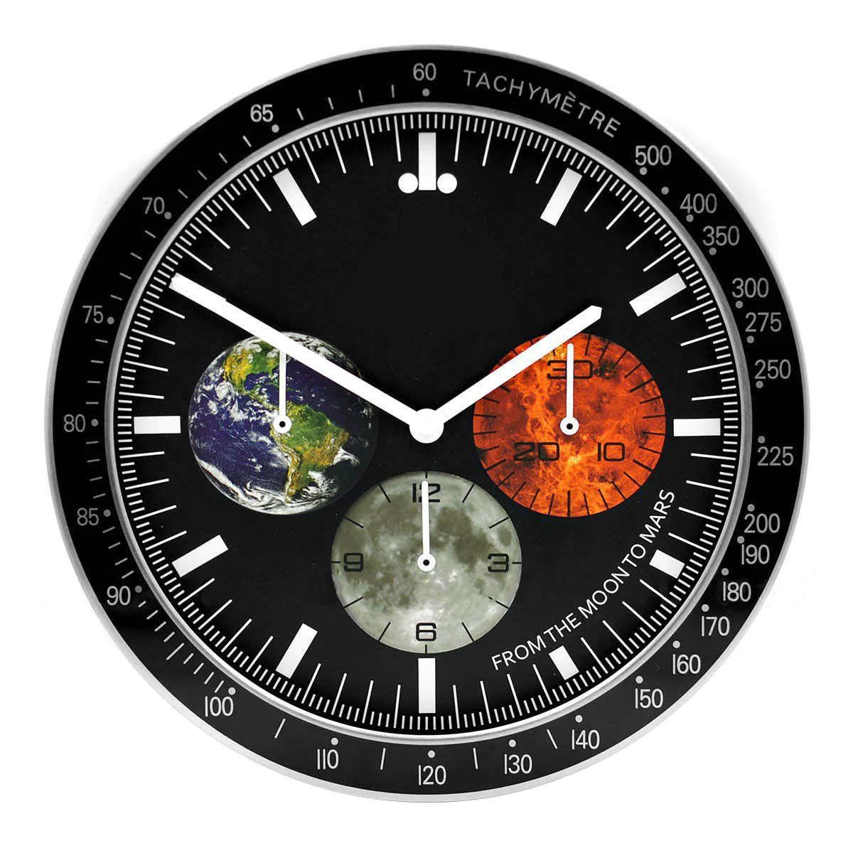 Speed Moon to Mars Speedmaster-style wall clock with space racing dial