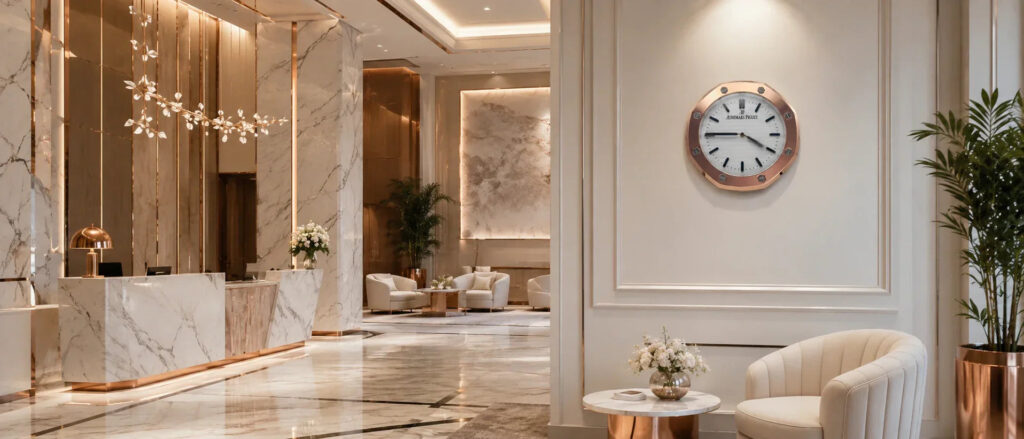 Audemars Piguet Royal Oak wall clock in steel and white with octagonal bezel, exposed screws, and textured dial in a luxury interior