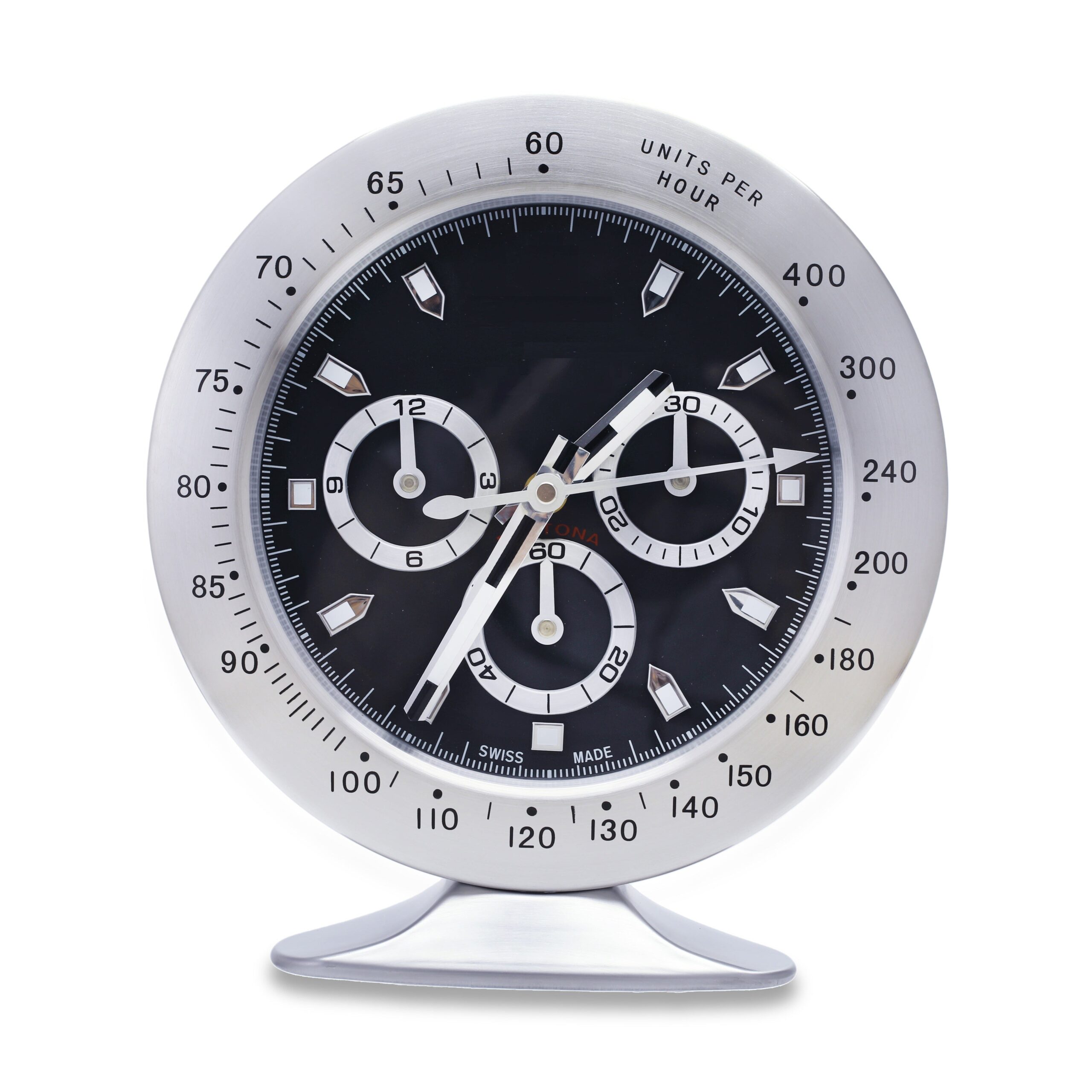 Steel chronograph-style desk clock with black dial and silver sub-dials