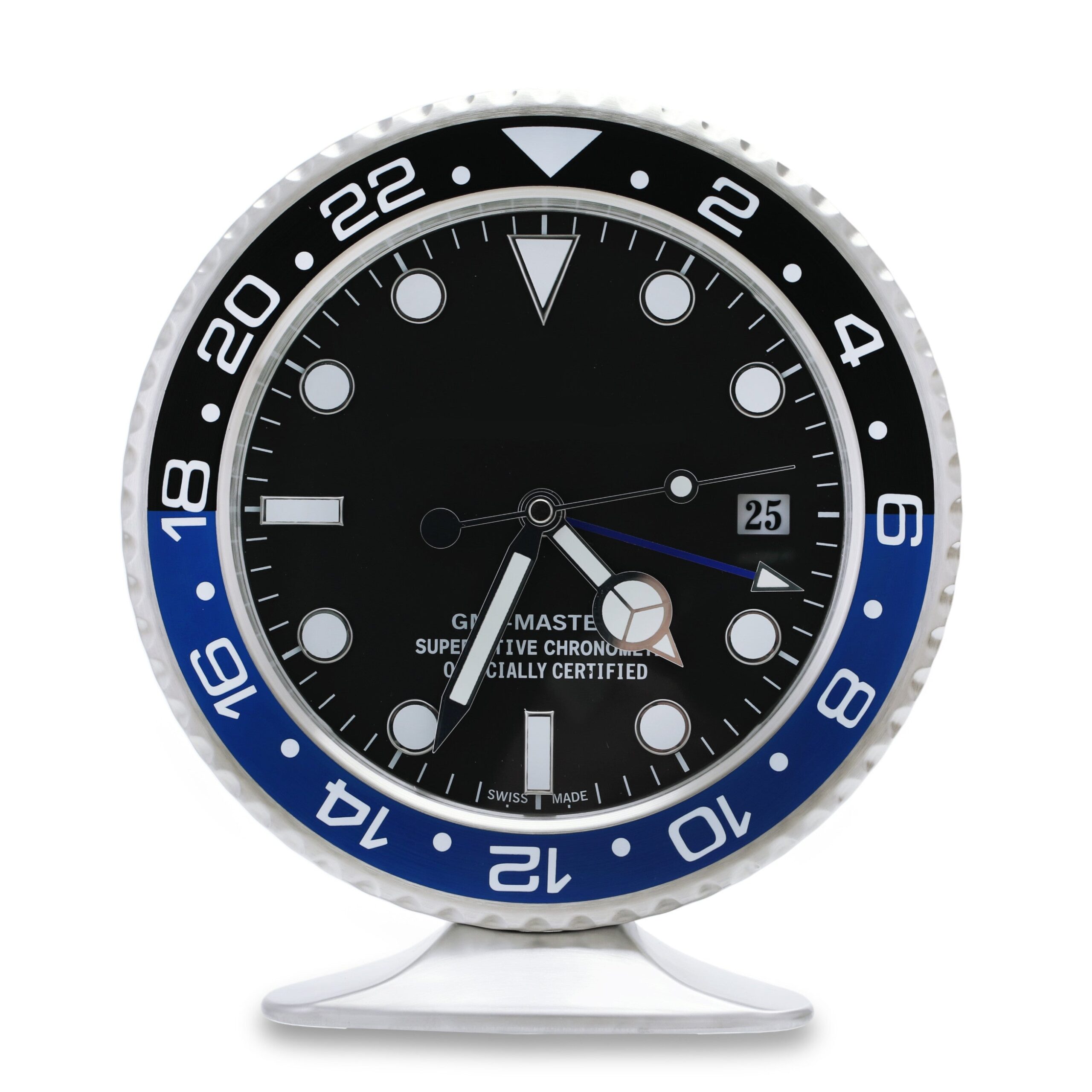 GMT-style luxury desk clock with blue and black Batman bezel