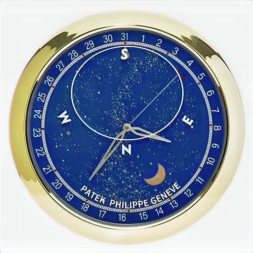 Patek Philippe style wall clock in gold and blue with grand complication-inspired dial