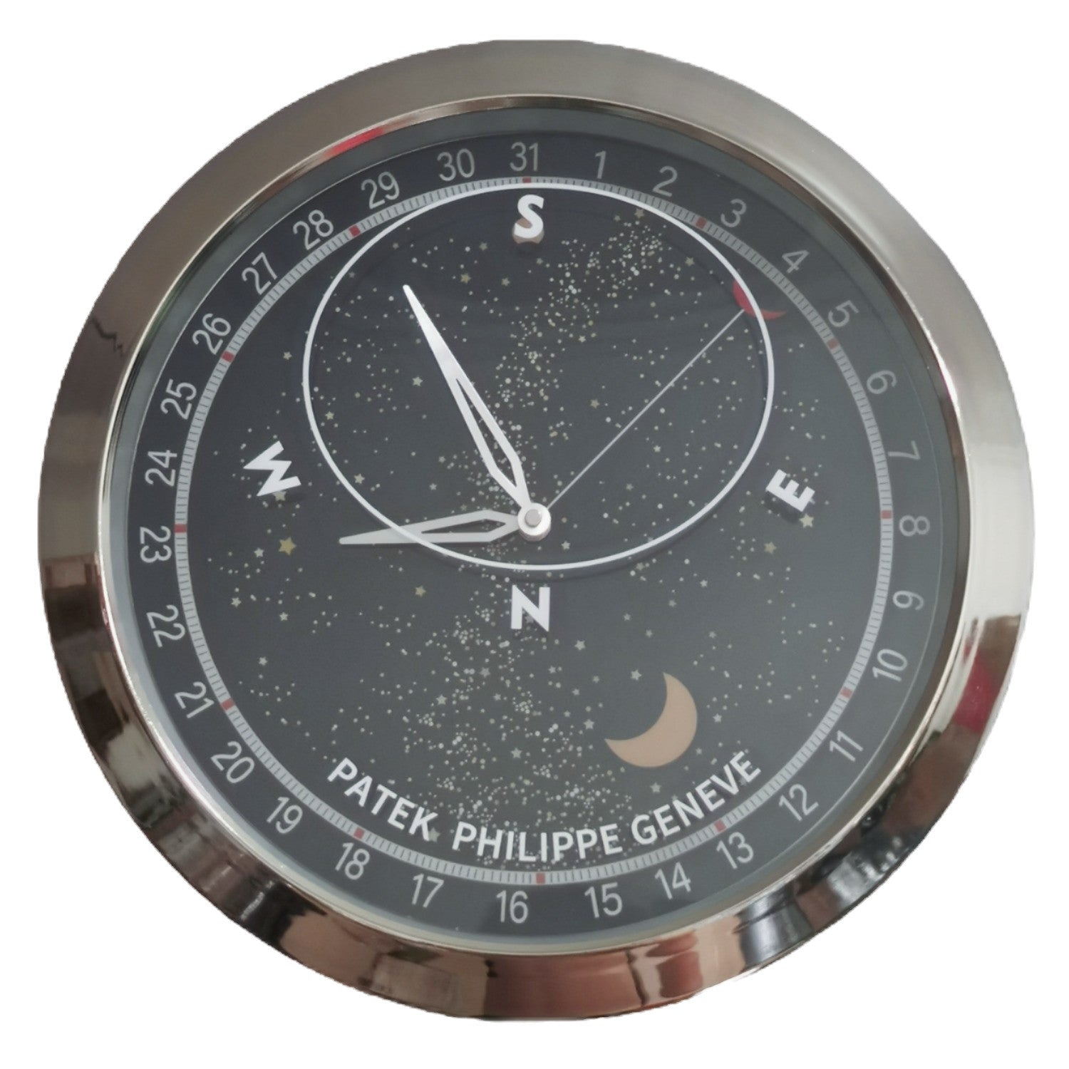 Patek Philippe style astronomical wall clock in black with gold complication detailing