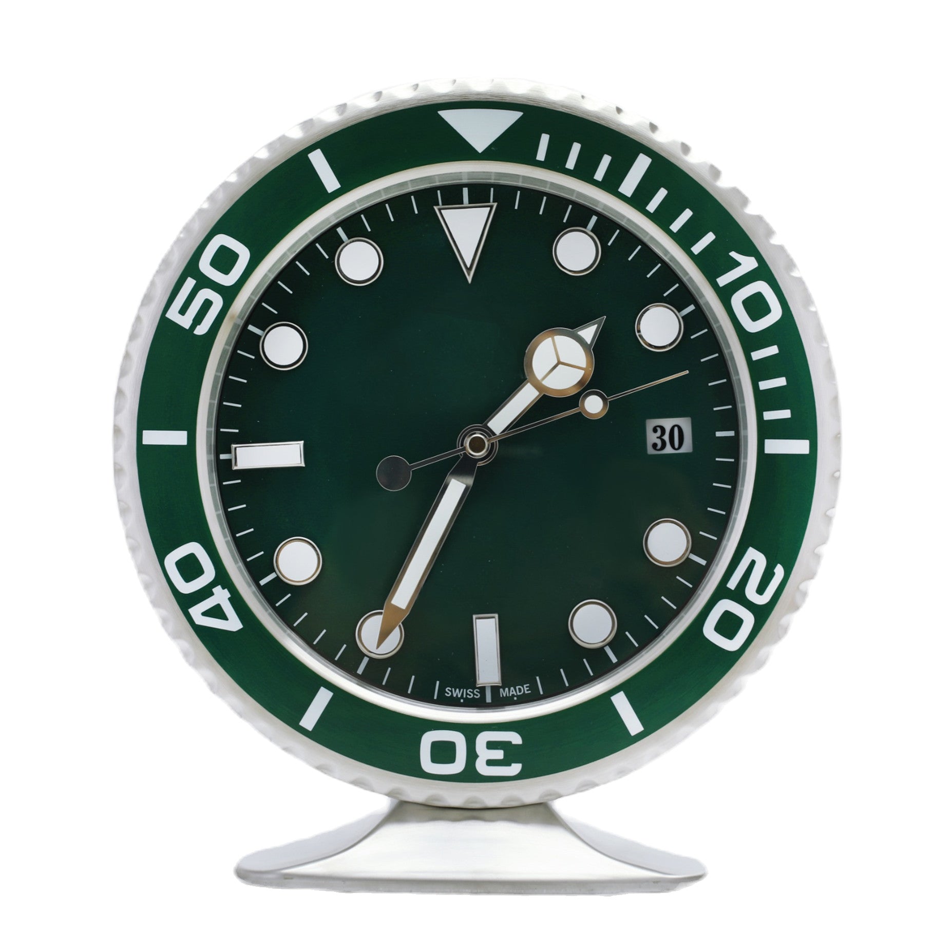Green Submariner-style luxury desk clock with full green dial and bezel