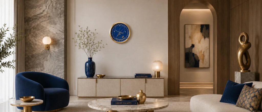 Gold and blue Patek Philippe wall clock displayed in a luxury gallery interior with matching blue and gold décor.