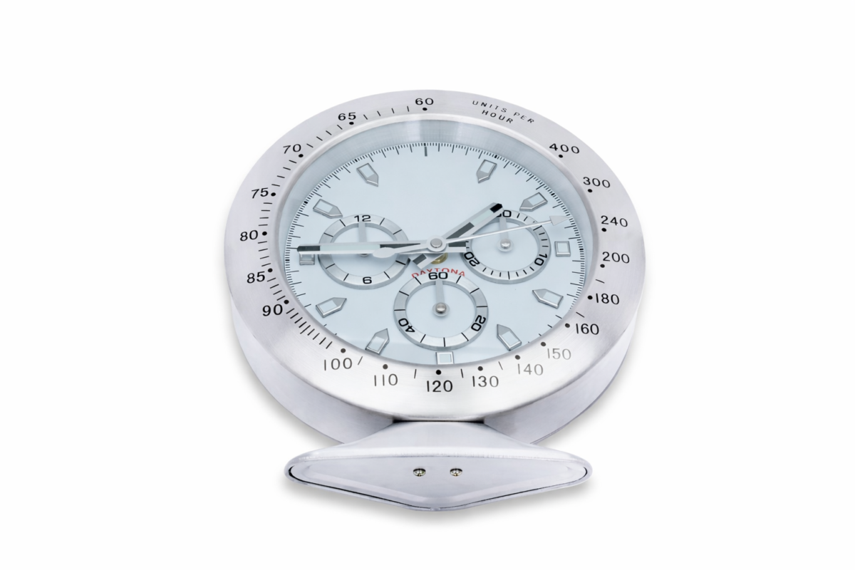 Racer Steel White Dial | Luxury Desk Clock – Panda Chronograph Style