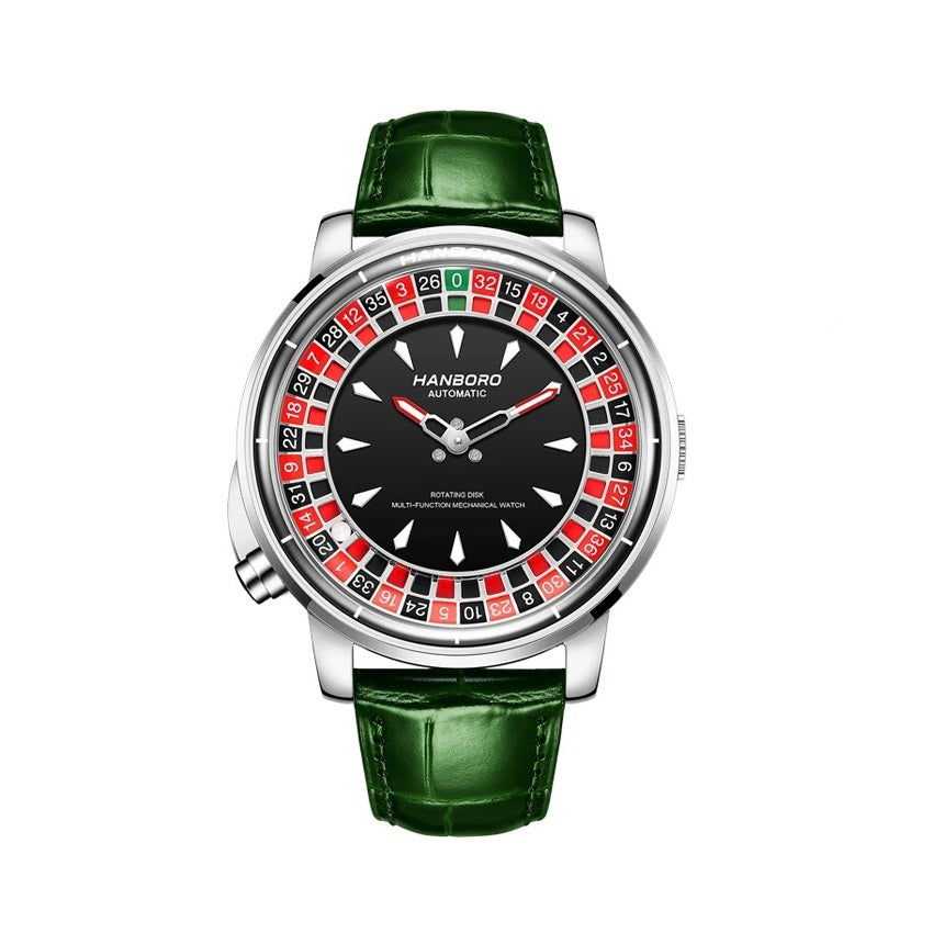 Royale Roulette automatic watch with green leather strap and roulette wheel skeleton dial