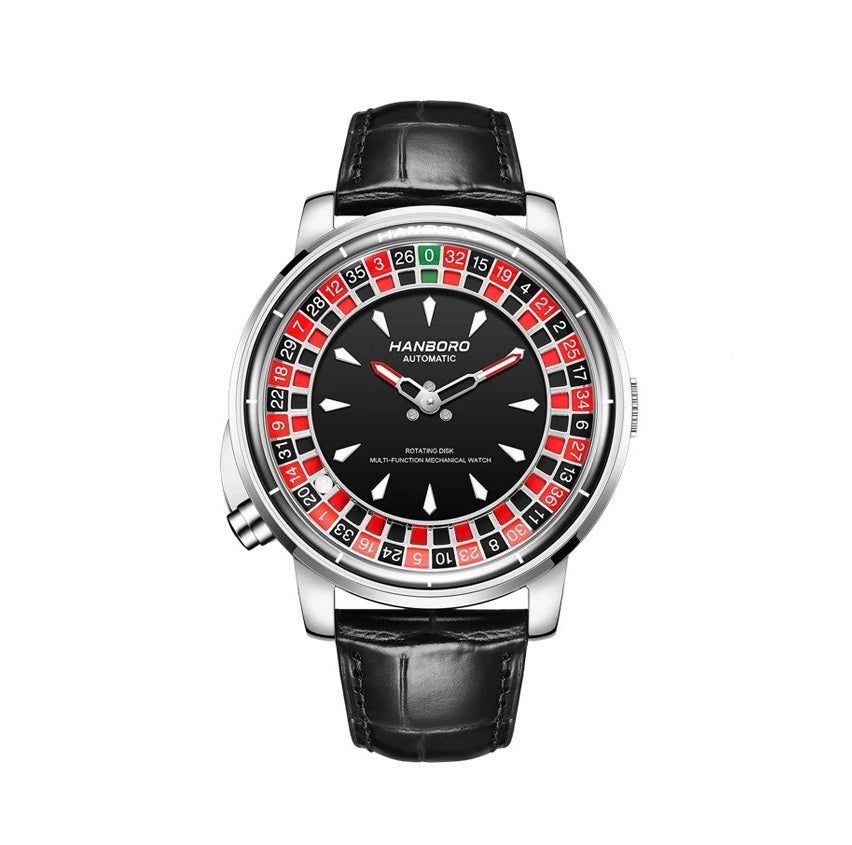 Royale Roulette Automatic Steel casino watch with black leather strap and skeleton dial