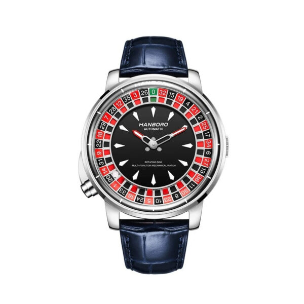 Royale Roulette casino watch with blue genuine leather strap and 46 mm stainless steel case