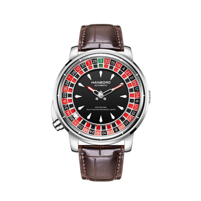 Royale Roulette automatic casino watch with brown leather strap and polished steel case