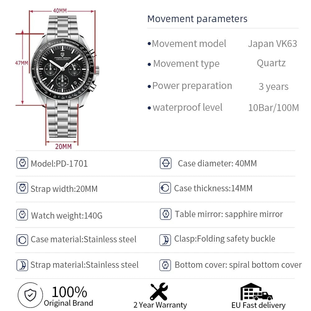 Moon Chronograph | Orologio Cronografo al Quarzo – 42mm