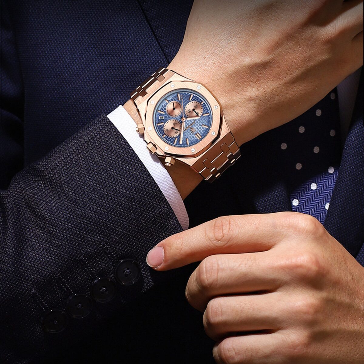 POEDAGAR Octagon Chrono Rose Gold | Chronograph Quartz Watch – 42mm