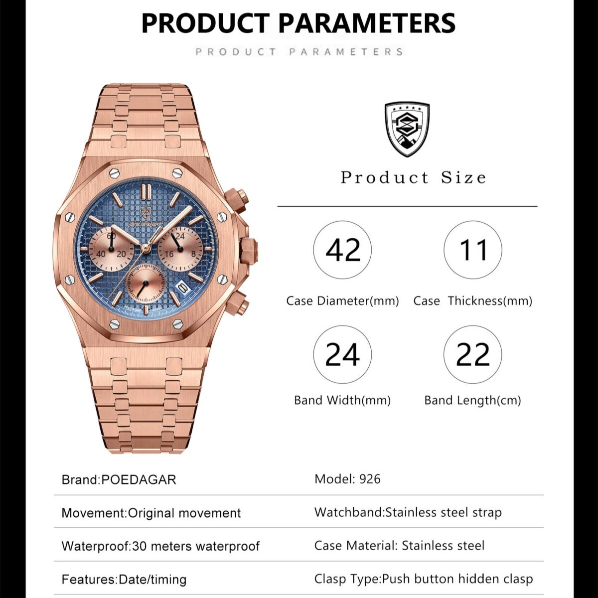 POEDAGAR Octagon Chrono | Chronograph Quartz Watch – 42mm