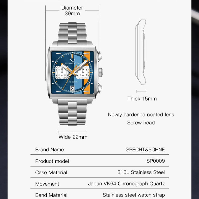 Square Racing Chrono Steel II | Chronograph Sport Watch – 39mm