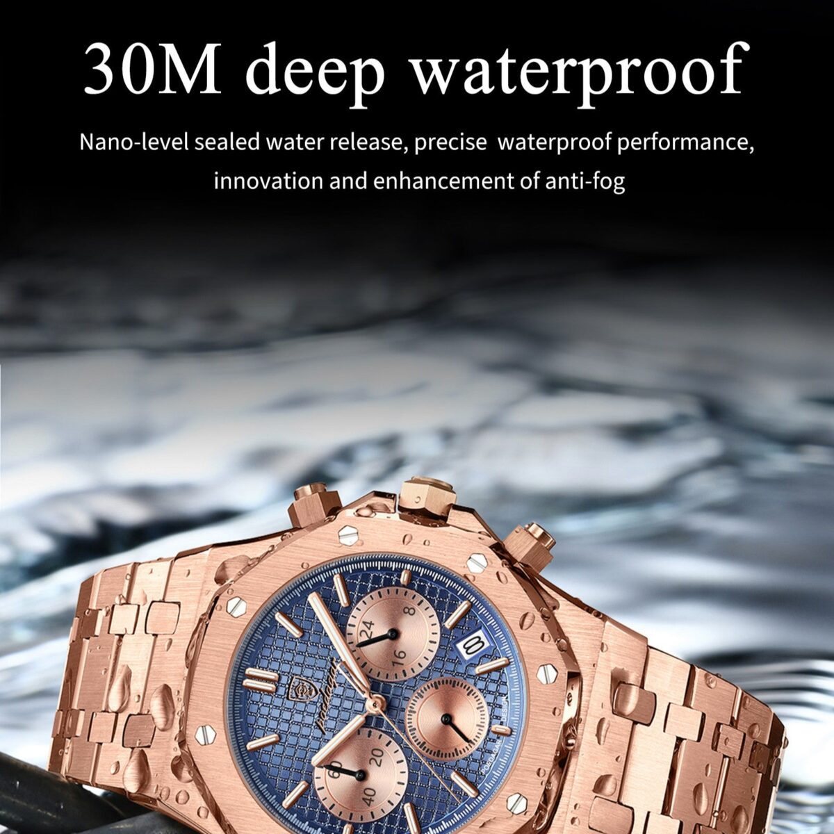 POEDAGAR Octagon Chrono Rose Gold | Chronograph Quartz Watch – 42mm