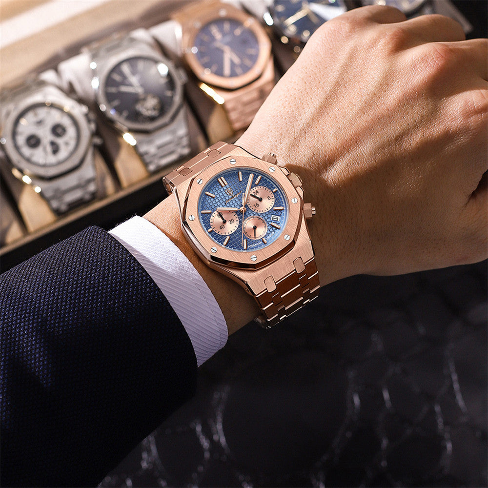 POEDAGAR Octagon Chrono Rose Gold | Chronograph Quartz Watch – 42mm