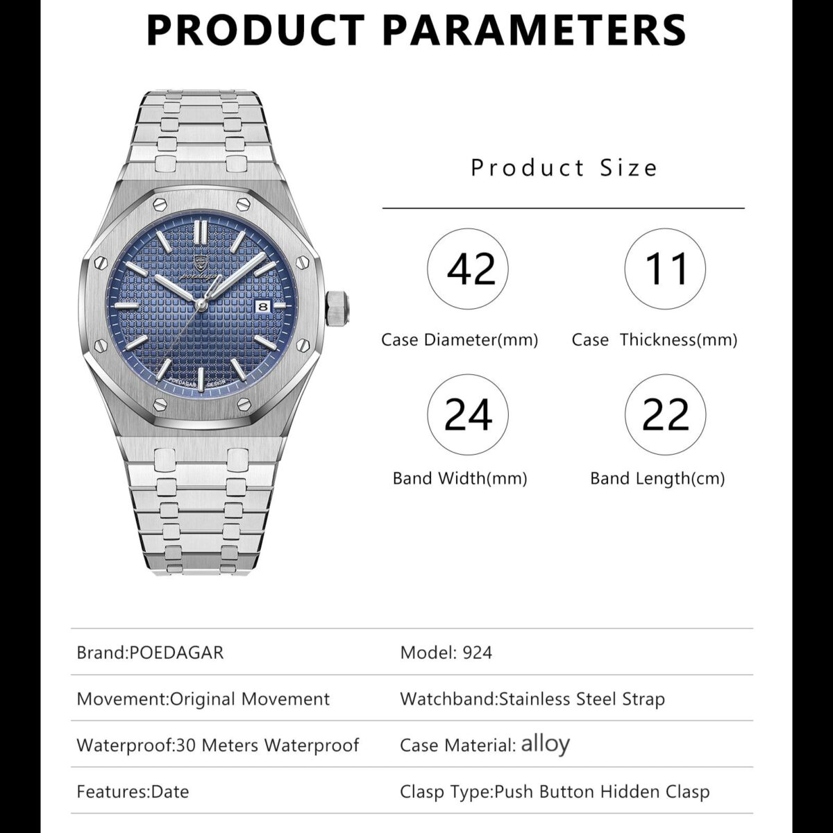 POEDAGAR Royal Octagon Steel | Luxury Quartz Watch – 42mm