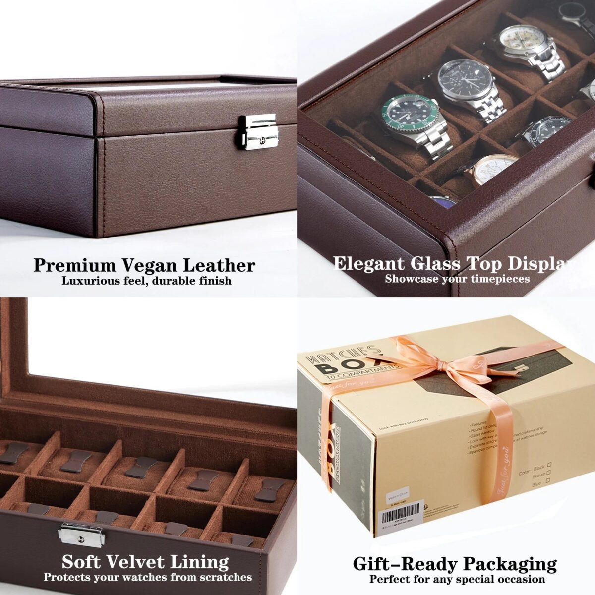 CrownView | Coffret pour 10 Montres – Couvercle Vitrine en Verre
