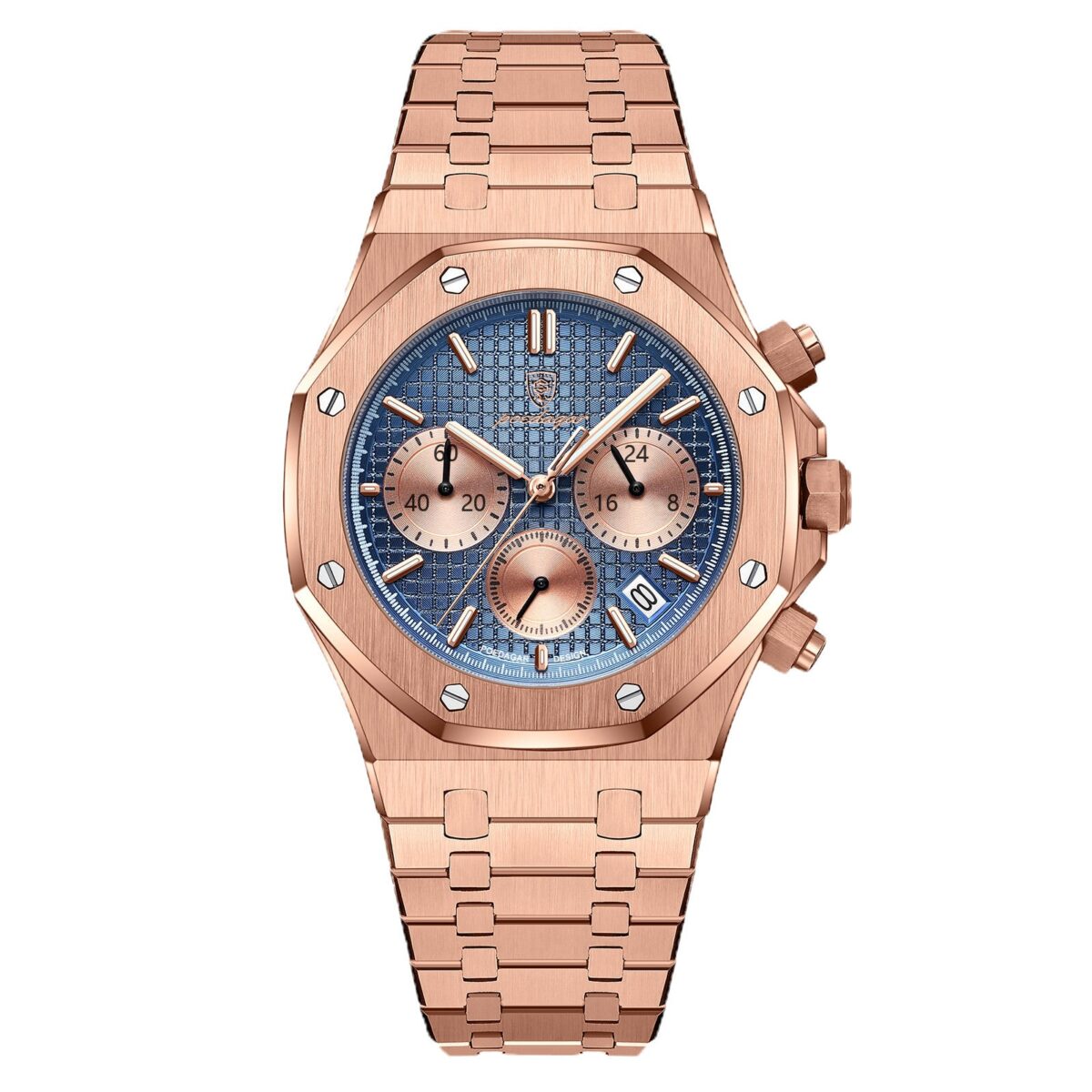 POEDAGAR Octagon Chrono Rose Gold | Chronograph Quartz Watch – 42mm