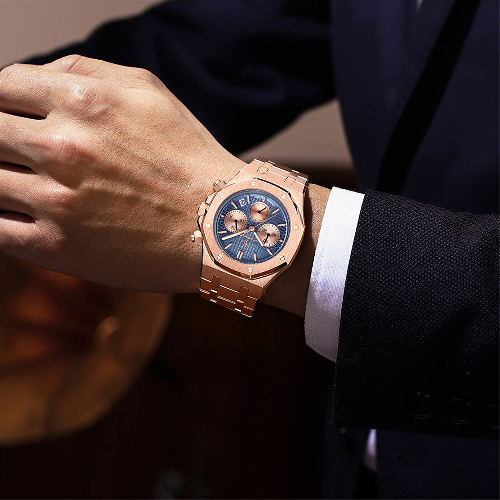 POEDAGAR Octagon Chrono Rose Gold | Chronograph Quartz Watch – 42mm