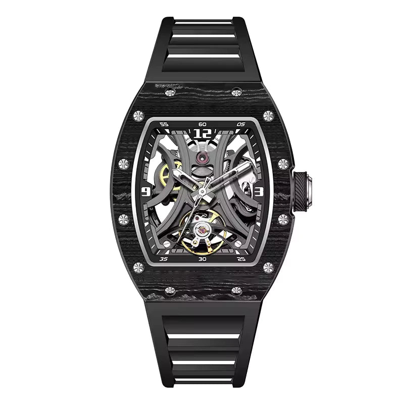 Tonneau 55 carbon fiber automatic skeleton watch 42mm with rubber strap