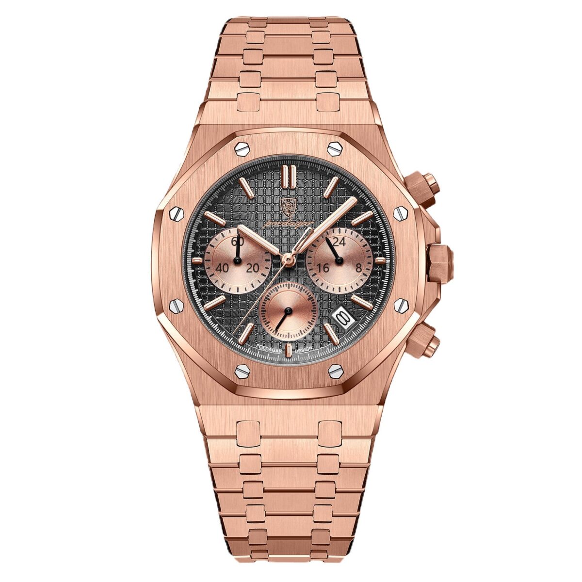 POEDAGAR Octagon Chrono Rose Gold | Chronograph Quartz Watch – 42mm