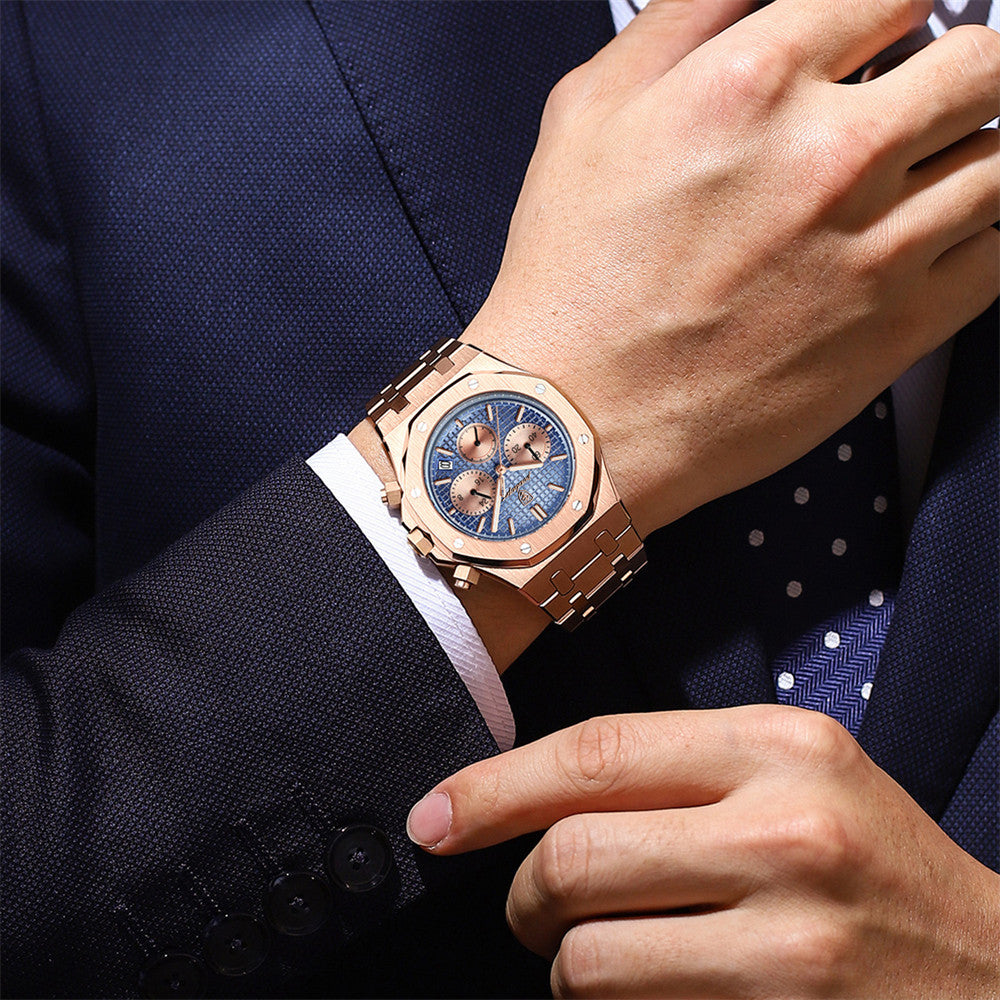 POEDAGAR Octagon Chrono Rose Gold | Chronograph Quartz Watch – 42mm