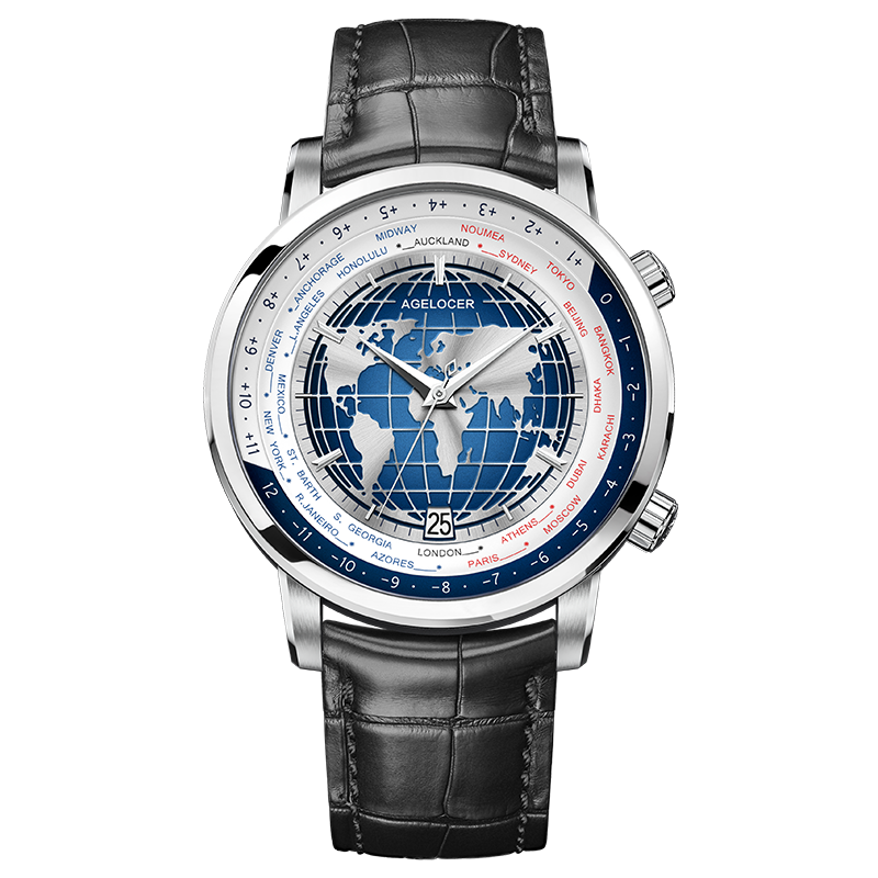 AGELOCER World Timer automatic dress watch 42mm with leather strap
