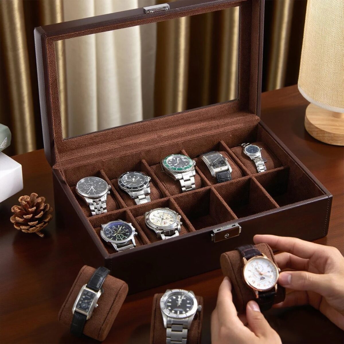 CrownView | Coffret pour 10 Montres – Couvercle Vitrine en Verre