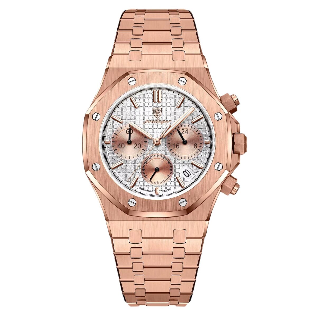 POEDAGAR Octagon Chrono Rose Gold | Chronograph Quartz Watch – 42mm